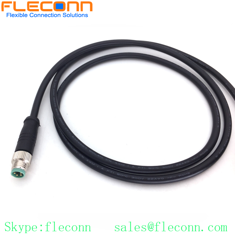 M8 Connection cable 4 Pin male cable connector on both ends, Overmolded, Black PVC, Unshielded